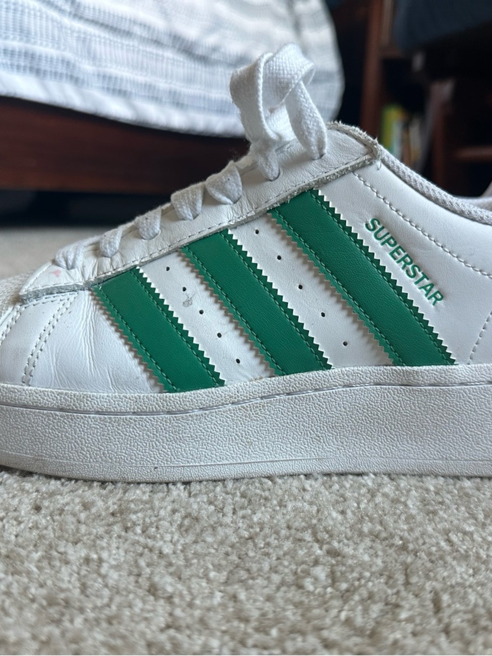 adidas White Sneakers with Green Three-Stripes